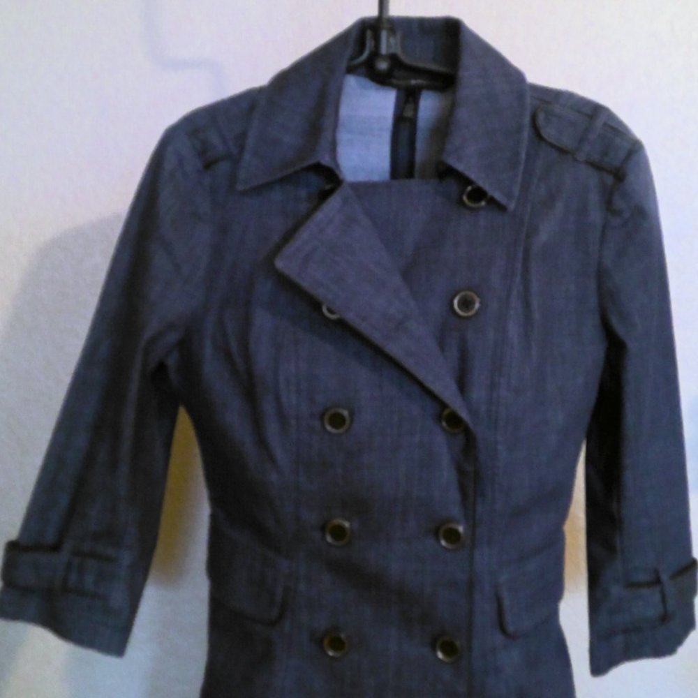 White House Black Market Blue Jean Jacket 6 Double Breasted Pockets 3/4 Sleeve